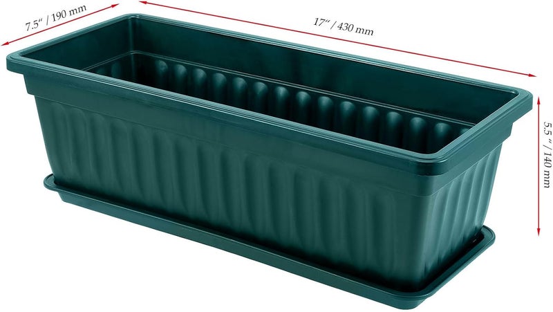 JOIKIT 6 Packs 17 x 7.5 x 5.5 Inch Plastic Window Planter Boxes with Trays, Plastic Vegetable Planter with 30 Plant Label, Countryside Flower Box Pot for Garden Windowsill Patio Balcony, Dark Green - Image 2